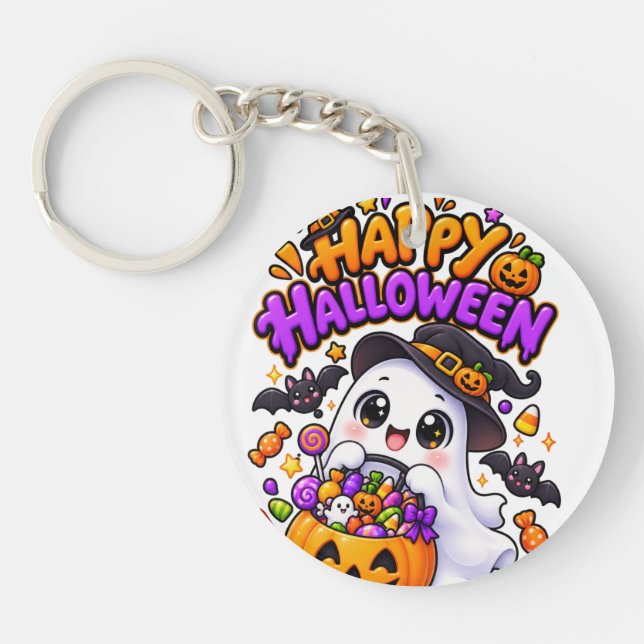 Cute Halloween Ghost Candy Pumpkin Keychain (Front)