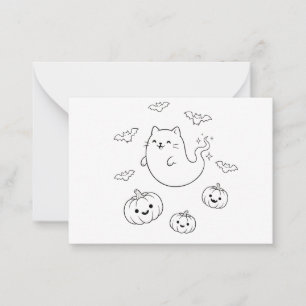 Cute Halloween Ghost Cat Pumpkins Bats Line Art St Card
