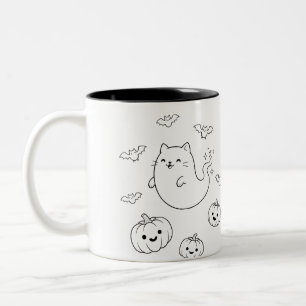 Cute Halloween Ghost Cat Pumpkins Bats Line Art St Two-Tone Coffee Mug