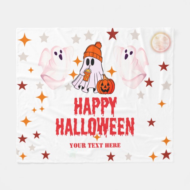 Cute Halloween Ghost | Custom Text Fleece Blanket (Front (Horizontal))