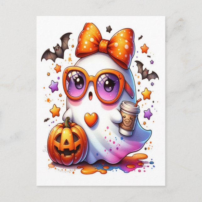 Cute Halloween Ghost Drink Pumpkin Spooky 2025  Holiday Postcard (Front)