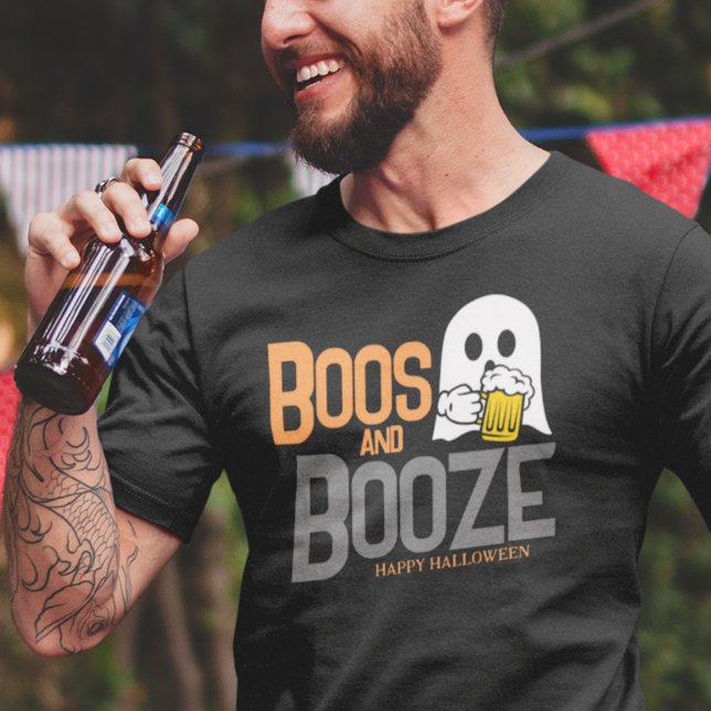 Cute Halloween Ghost Drinking Beer Boos and Booze T-Shirt (Creator Uploaded)