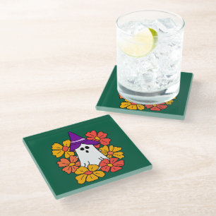 Cute Halloween Ghost Flower Wreath Glass Coaster