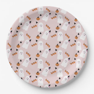 Cute Halloween Ghost Ghoul Orange Confetti Pink Paper Plate