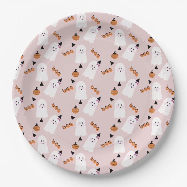 Cute Halloween Ghost Ghoul Orange  Confetti  Pink  Paper Plate (Front)