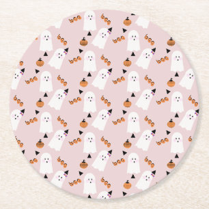 Cute Halloween Ghost Ghoul Orange Pink Confetti Round Paper Coaster