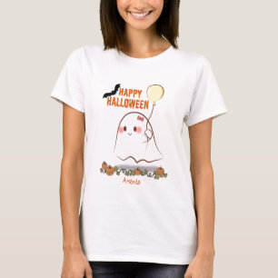 Cute Halloween Ghost Holding A Balloon Girl's Name T-Shirt