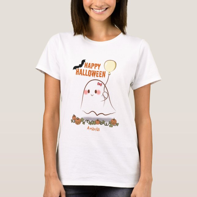 Cute Halloween Ghost Holding A Balloon Girl's Name T-Shirt (Front)