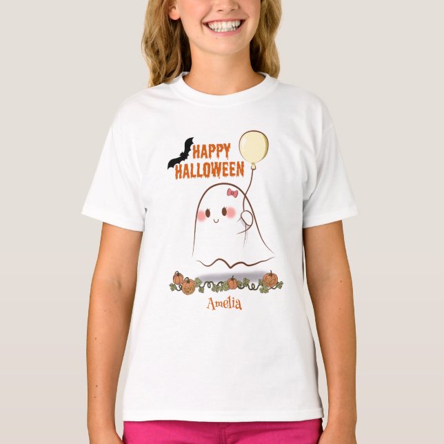 Cute Halloween Ghost Holding A Balloon Girl's Name T-Shirt (Front)