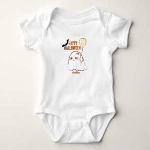 Cute Halloween Ghost Holding Balloon Girl's Name  Baby Bodysuit