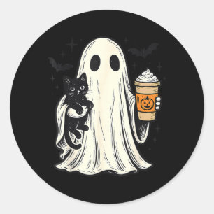 Cute Halloween Ghost Holding Black Cat Fall Coffee Classic Round Sticker