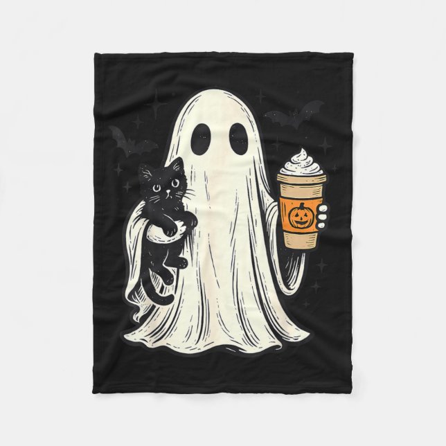 Cute Halloween Ghost Holding Black Cat Fall Coffee Fleece Blanket (Front)