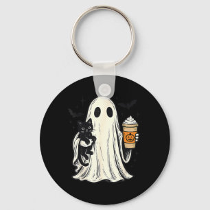 Cute Halloween Ghost Holding Black Cat Fall Coffee Key Ring