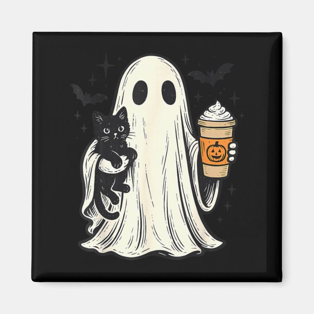 Cute Halloween Ghost Holding Black Cat Fall Coffee Magnet (Front)