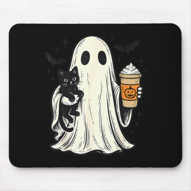 Cute Halloween Ghost Holding Black Cat Fall Coffee Mouse Mat (Front)