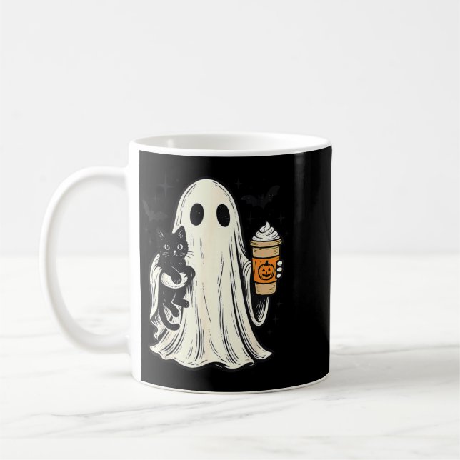 Cute Halloween Ghost Holding Black Cat Fall Coffee Mug (Left)