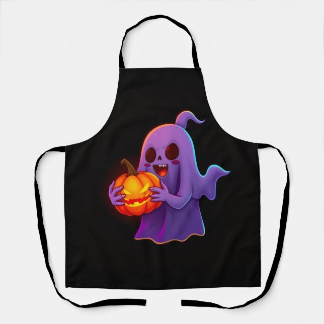 Cute Halloween Ghost Holding Glowing Pumpkin Apron (Front)