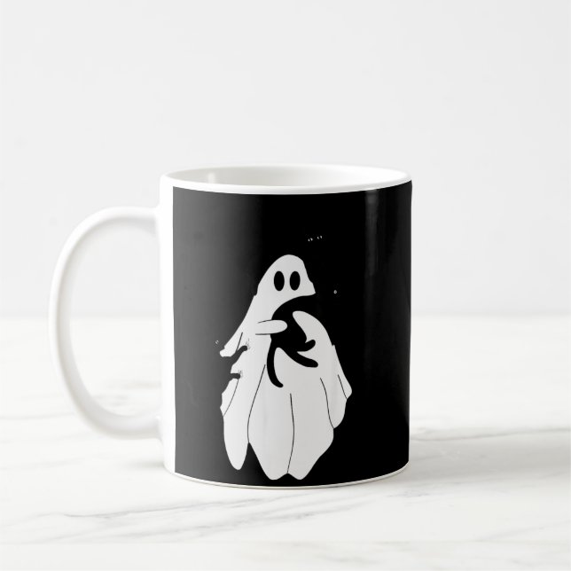 Cute Halloween Ghost Holding Three Black Cats Coffee Mug (Left)