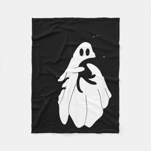 Cute Halloween Ghost Holding Three Black Cats Fleece Blanket (Front)