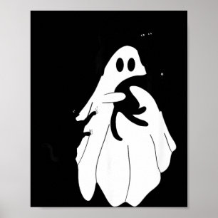 Cute Halloween Ghost Holding Three Black Cats Poster