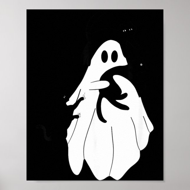 Cute Halloween Ghost Holding Three Black Cats Poster (Front)
