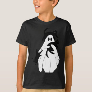 Cute Halloween Ghost Holding Three Black Cats T-Shirt
