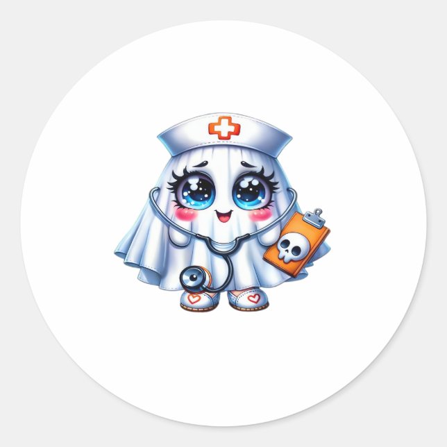 Cute Halloween ghost in a nurse's uniform Classic  Classic Round Sticker (Front)