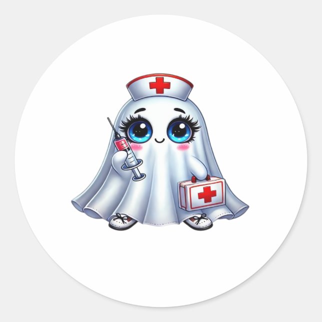 Cute Halloween ghost in a nurse's uniform Classic  Classic Round Sticker (Front)