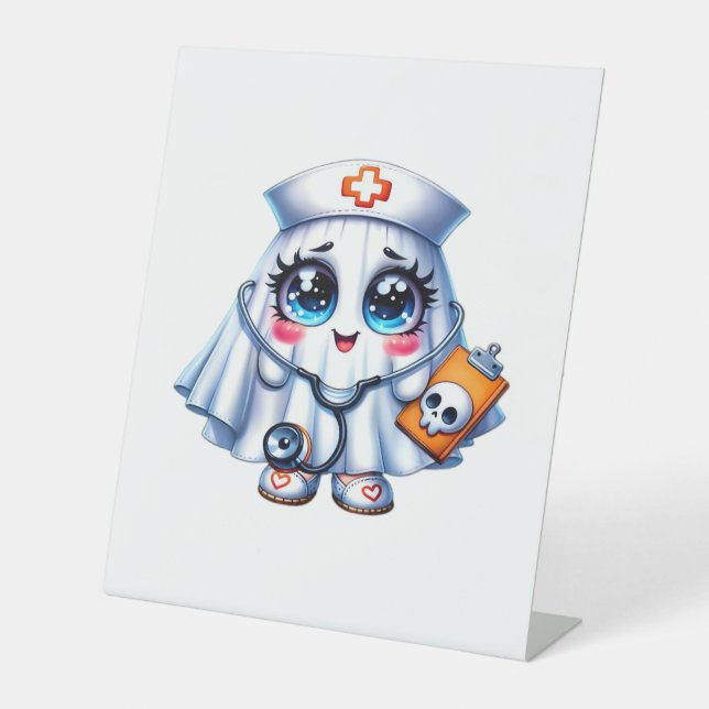 Cute Halloween ghost in a nurse's uniform Classic  Pedestal Sign (Front)