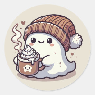 Cute Halloween Ghost in Fall Beanie & Hot Cocoa Classic Round Sticker