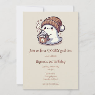 Cute Halloween Ghost in Fall Beanie & Hot Cocoa  Invitation