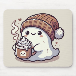 Cute Halloween Ghost in Fall Beanie & Hot Cocoa Mouse Mat