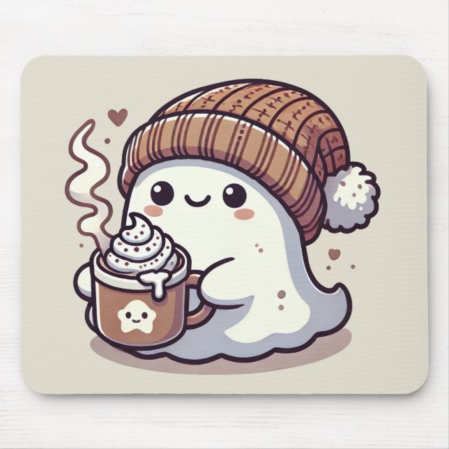 Cute Halloween Ghost in Fall Beanie & Hot Cocoa Mouse Mat (Front)
