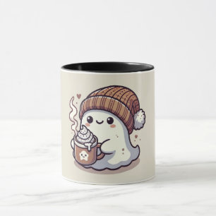 Cute Halloween Ghost in Fall Beanie & Hot Cocoa Mug