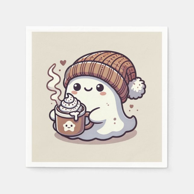 Cute Halloween Ghost in Fall Beanie & Hot Cocoa Napkin (Front)