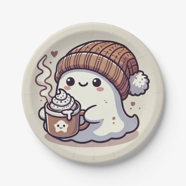 Cute Halloween Ghost in Fall Beanie & Hot Cocoa Paper Plate (Front)