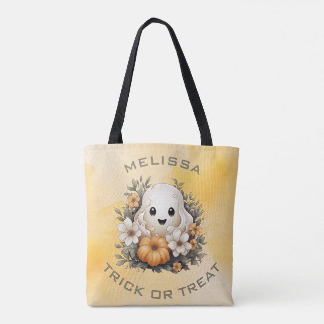 Cute Halloween Ghost in Flower Patch with Pumpkin Tote Bag (Back)
