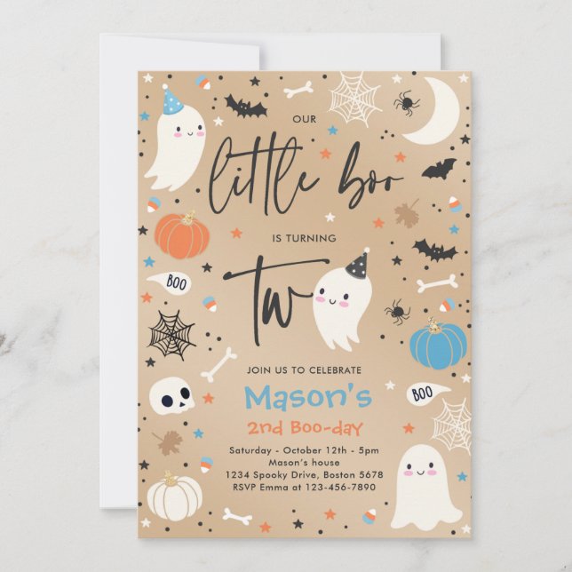 Cute Halloween Ghost Little Boo 2nd Birthday Party Invitation (Front)