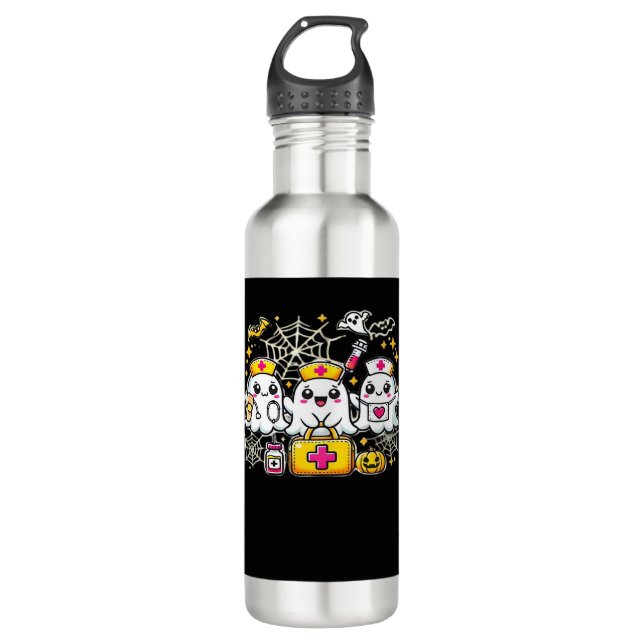 Cute Halloween Ghost Nurse Trio with Medical Kit a 710 Ml Water Bottle (Front)