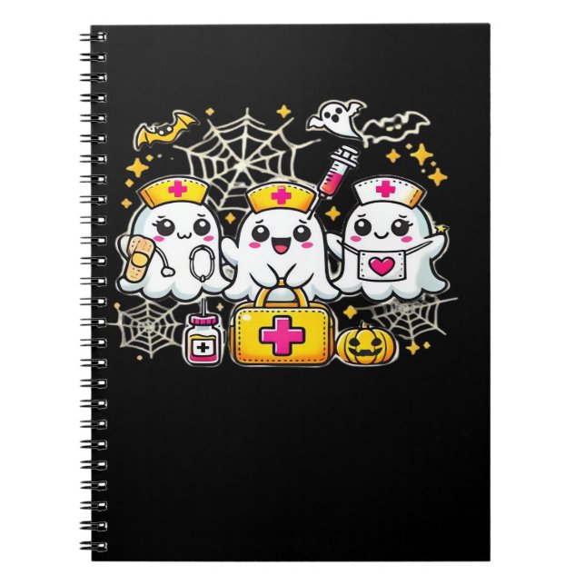 Cute Halloween Ghost Nurse Trio with Medical Kit a Notebook (Front)