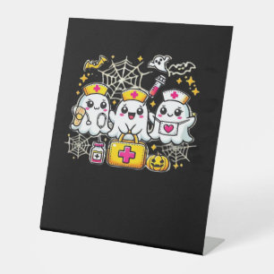 Cute Halloween Ghost Nurse Trio with Medical Kit a Pedestal Sign
