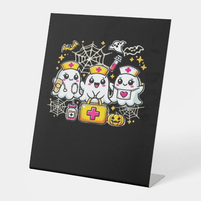 Cute Halloween Ghost Nurse Trio with Medical Kit a Pedestal Sign (Front)