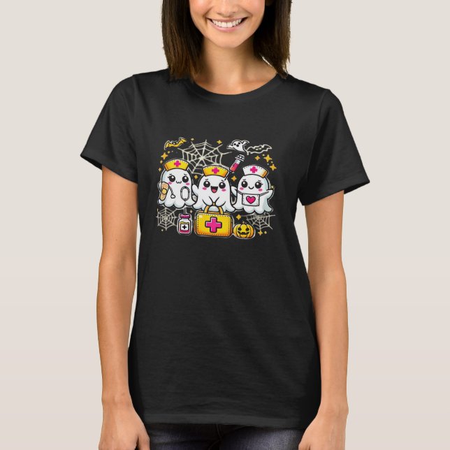 Cute Halloween Ghost Nurse Trio with Medical Kit a T-Shirt (Front)