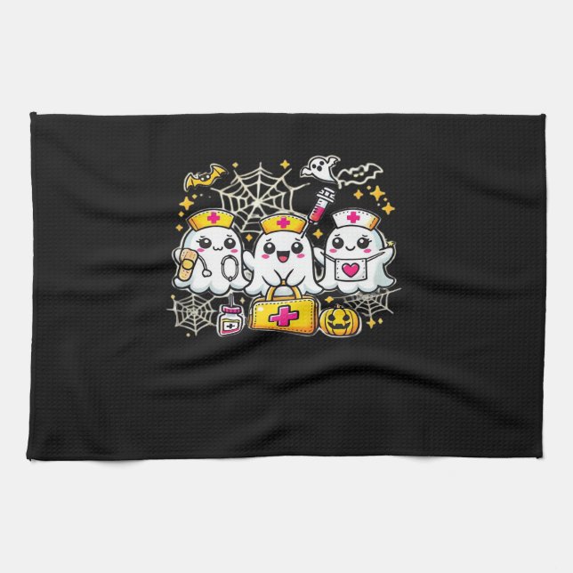 Cute Halloween Ghost Nurse Trio with Medical Kit a Tea Towel (Horizontal)