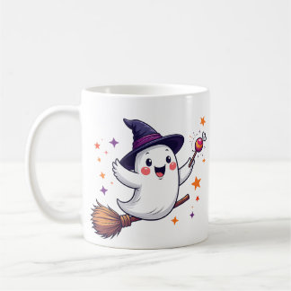 Cute halloween ghost on broomstick mug