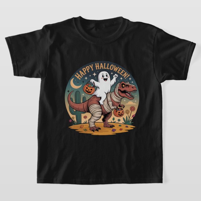 Cute Halloween, Ghost on Mummy T-Rex with Pumpkins T-Shirt (Laydown)