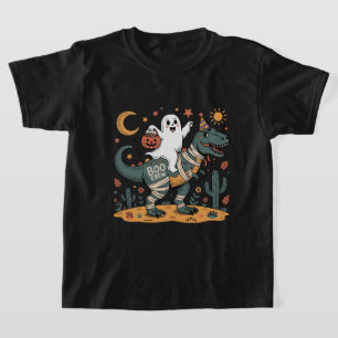 Cute Halloween, Ghost on Mummy T-Rex with Pumpkins T-Shirt