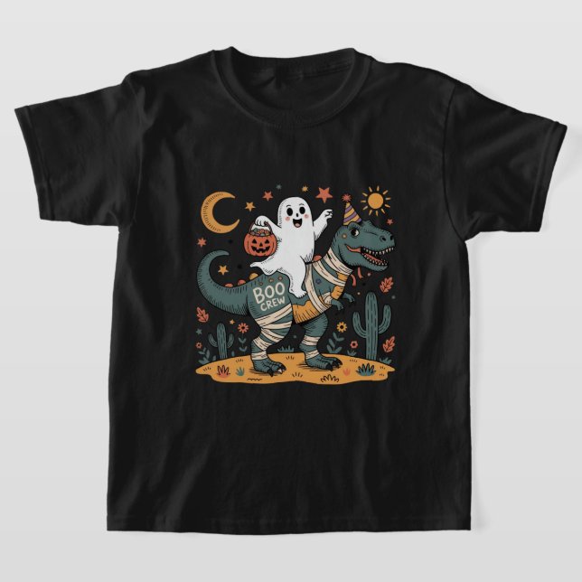 Cute Halloween, Ghost on Mummy T-Rex with Pumpkins T-Shirt (Laydown)