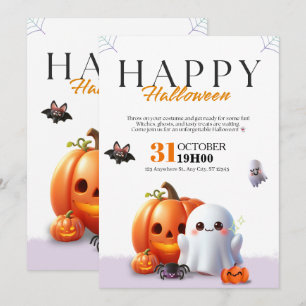 Cute Halloween Ghost Orange Pumpkin Spider Invitation