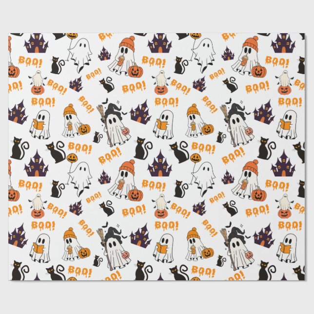 Cute Halloween Ghost Pattern – Spooky Black Cats Wrapping Paper (Flat)